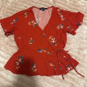 Chic Red Floral Wrap Blouse